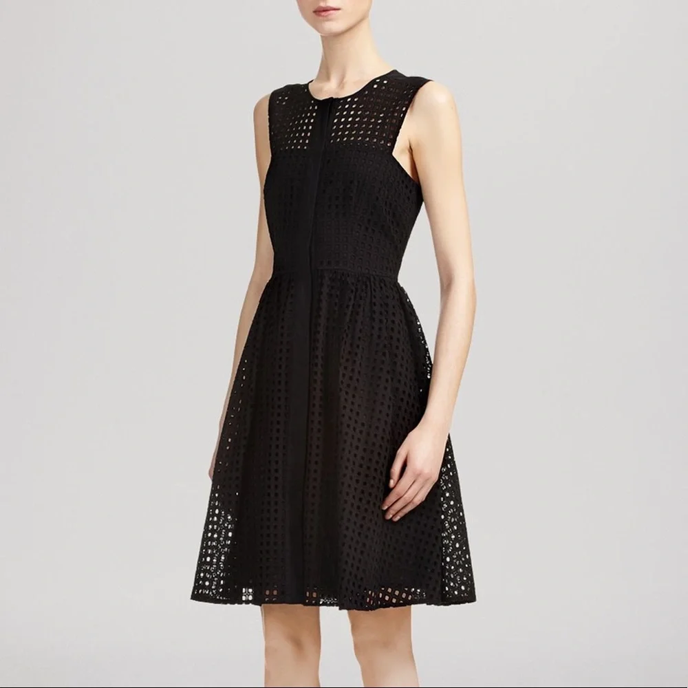 Whistles Lattice Broiderie Lace Sleeveless Fit & Flare Dress Black 6 Knee Length - Picture 1 of 11